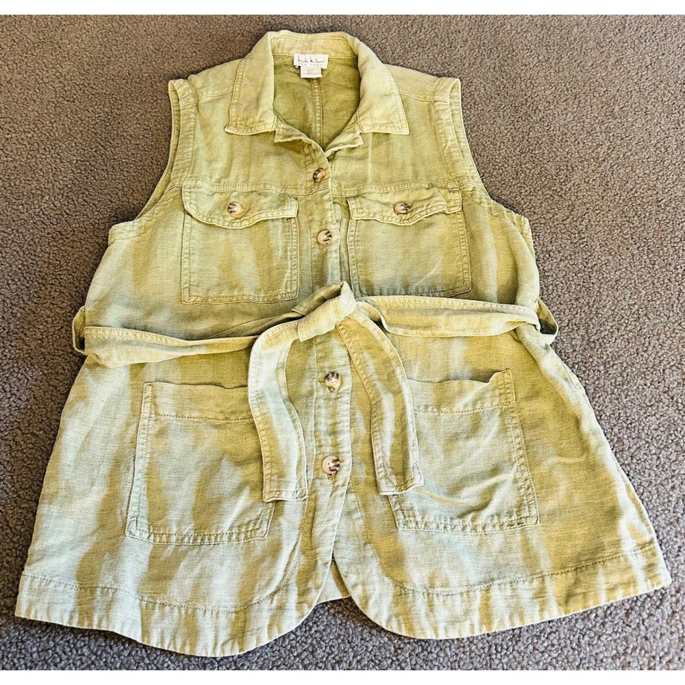 Nicole Miller New York Vest Womens Small Sage Green Linen Blend Safari Utility